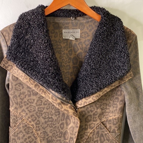 Anthropologie Marrakech Leopard Sherpa Moto Jacket Stretch Baddie Bomber Sheik - Picture 16 of 16